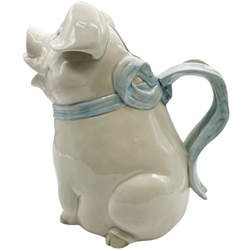 Vintage Fitz and Floyd Pig Pitcher with Blue Ribbon Handle